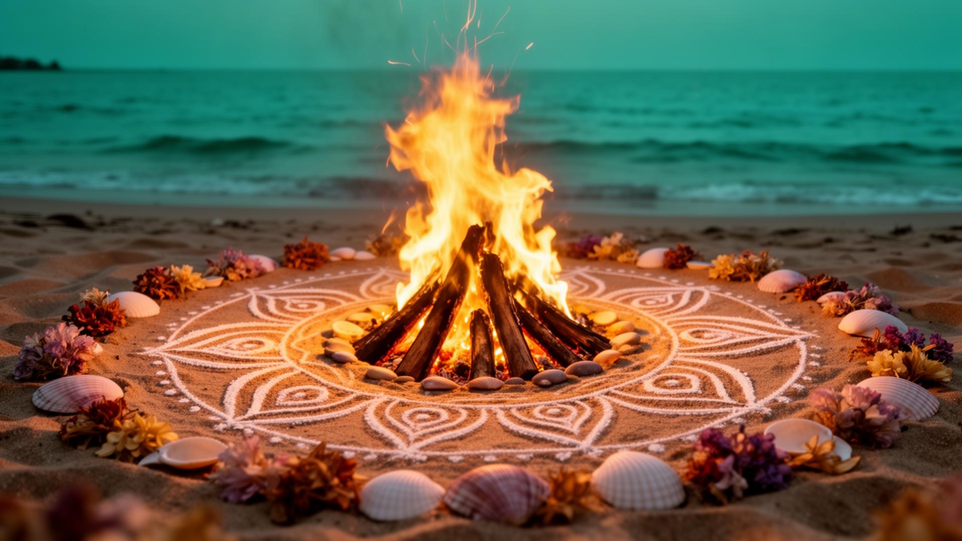 Beach bonfire at dusk